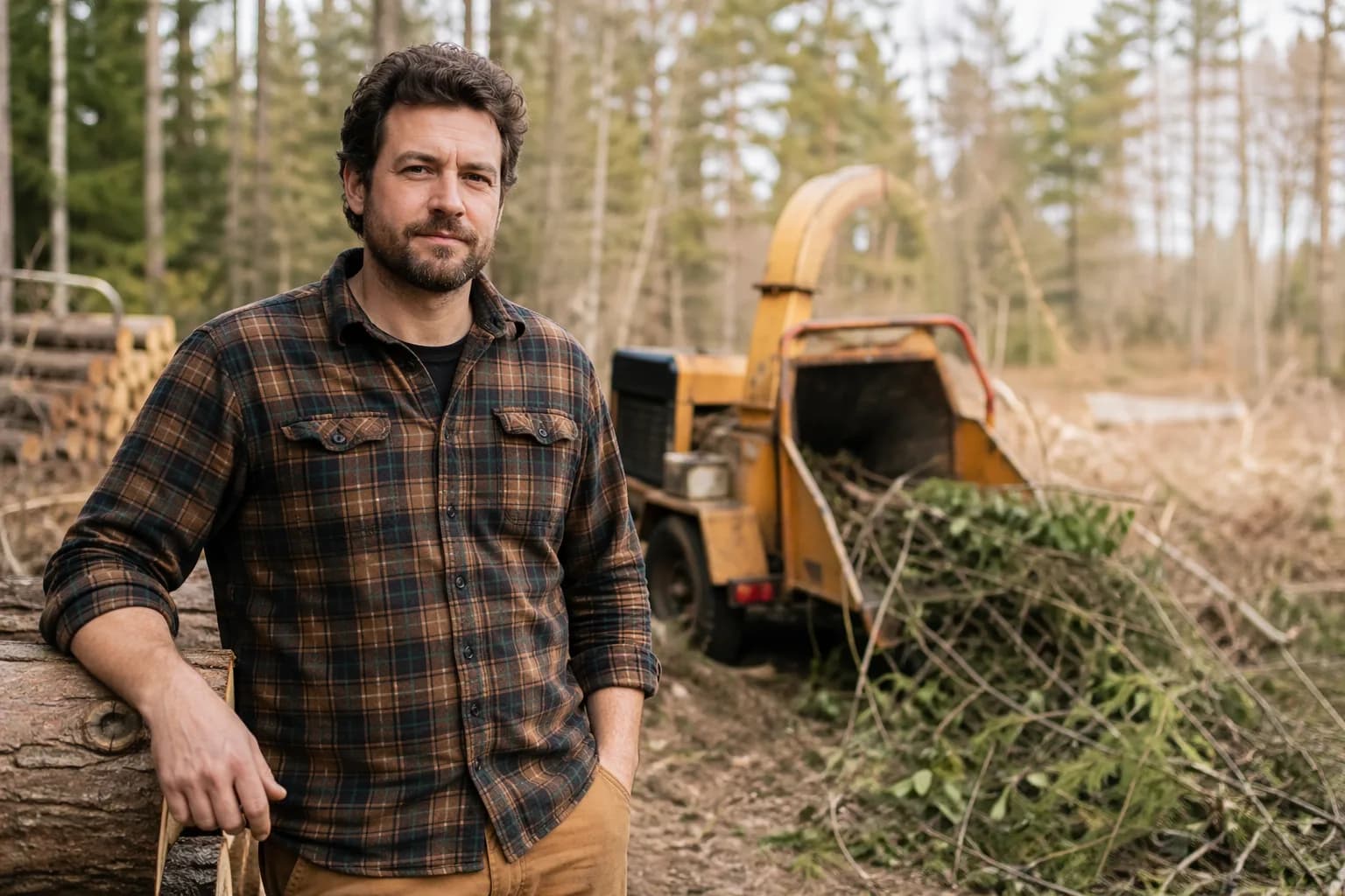 Daniel Ashford, founder of Chip It Right, standing beside a woodchipper on his property