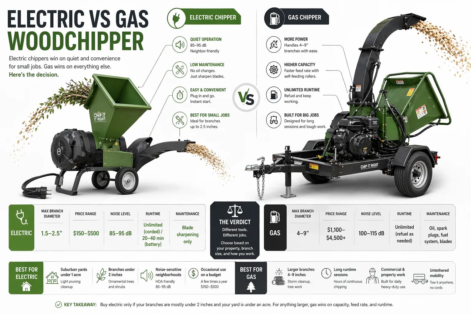 Electric vs gas woodchipper comparison infographic