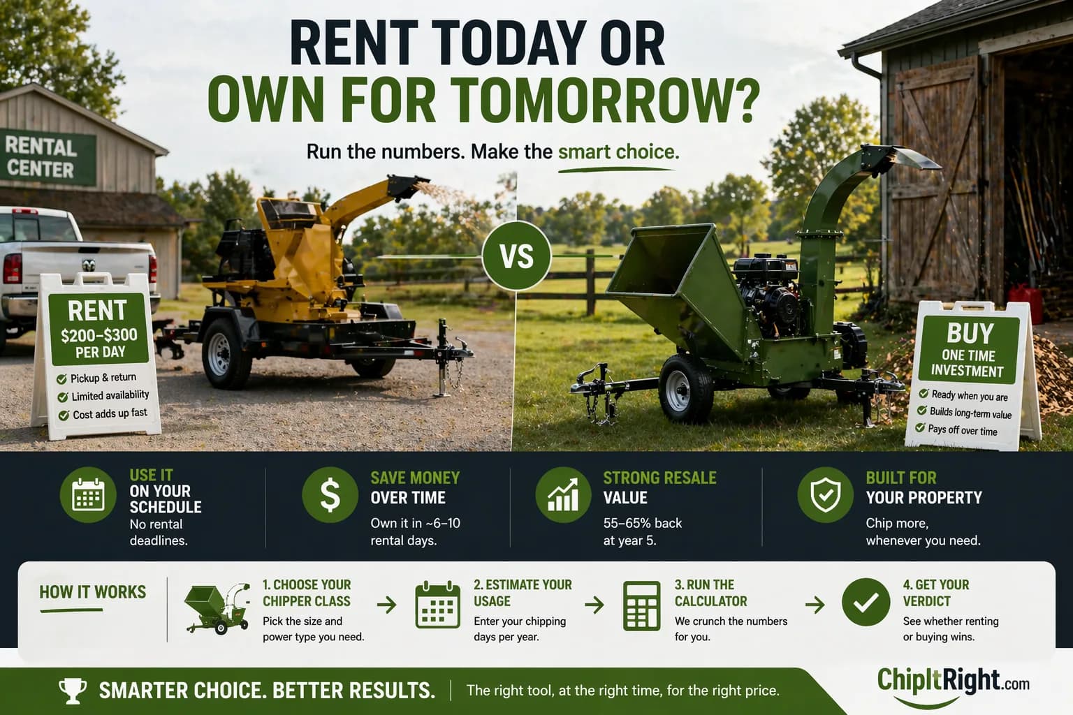 Rent today or own for tomorrow — woodchipper rental vs buying comparison infographic