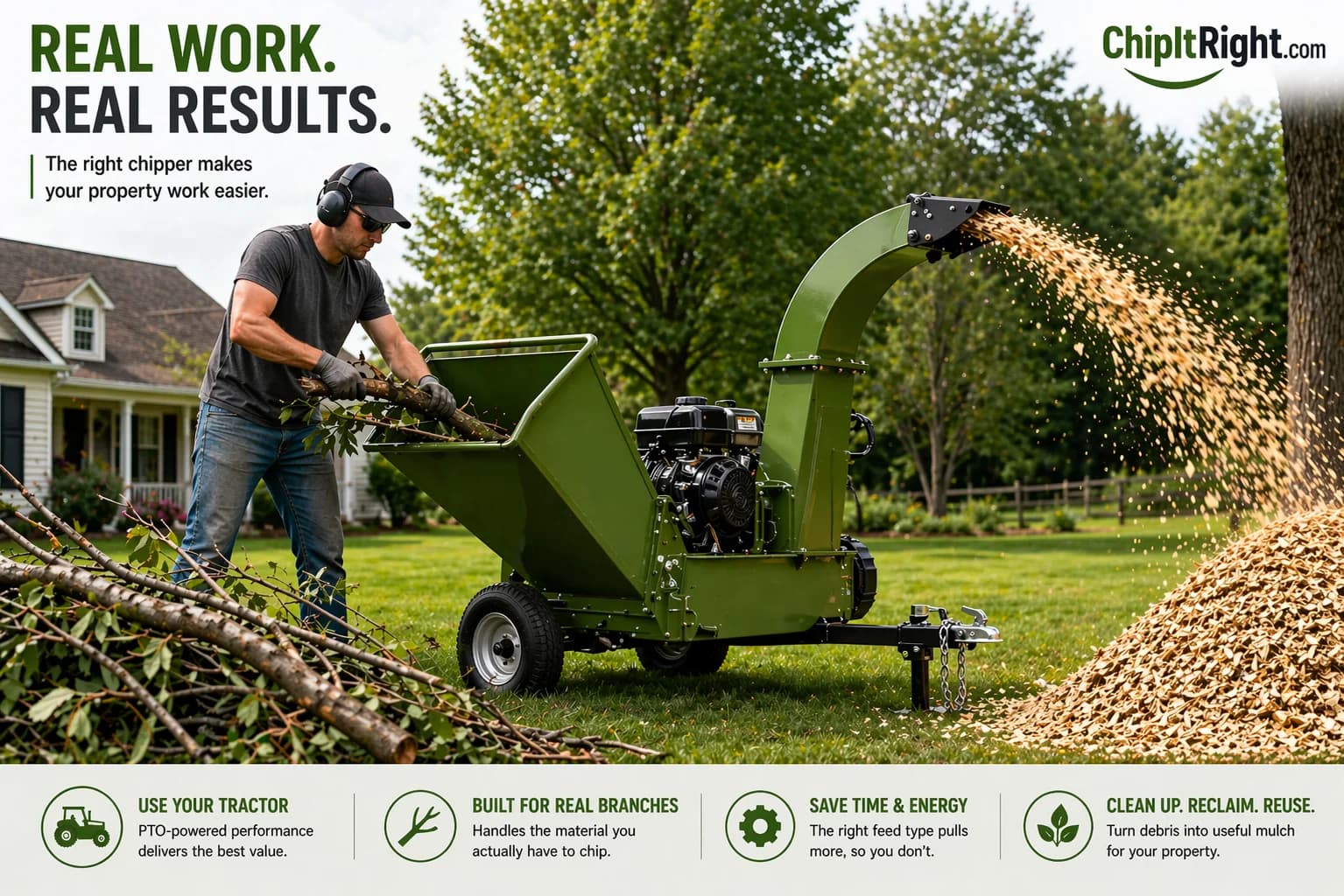 Property owner feeding branches into a gas woodchipper during yard cleanup, with wood chips piling up — the right chipper makes property work manageable.