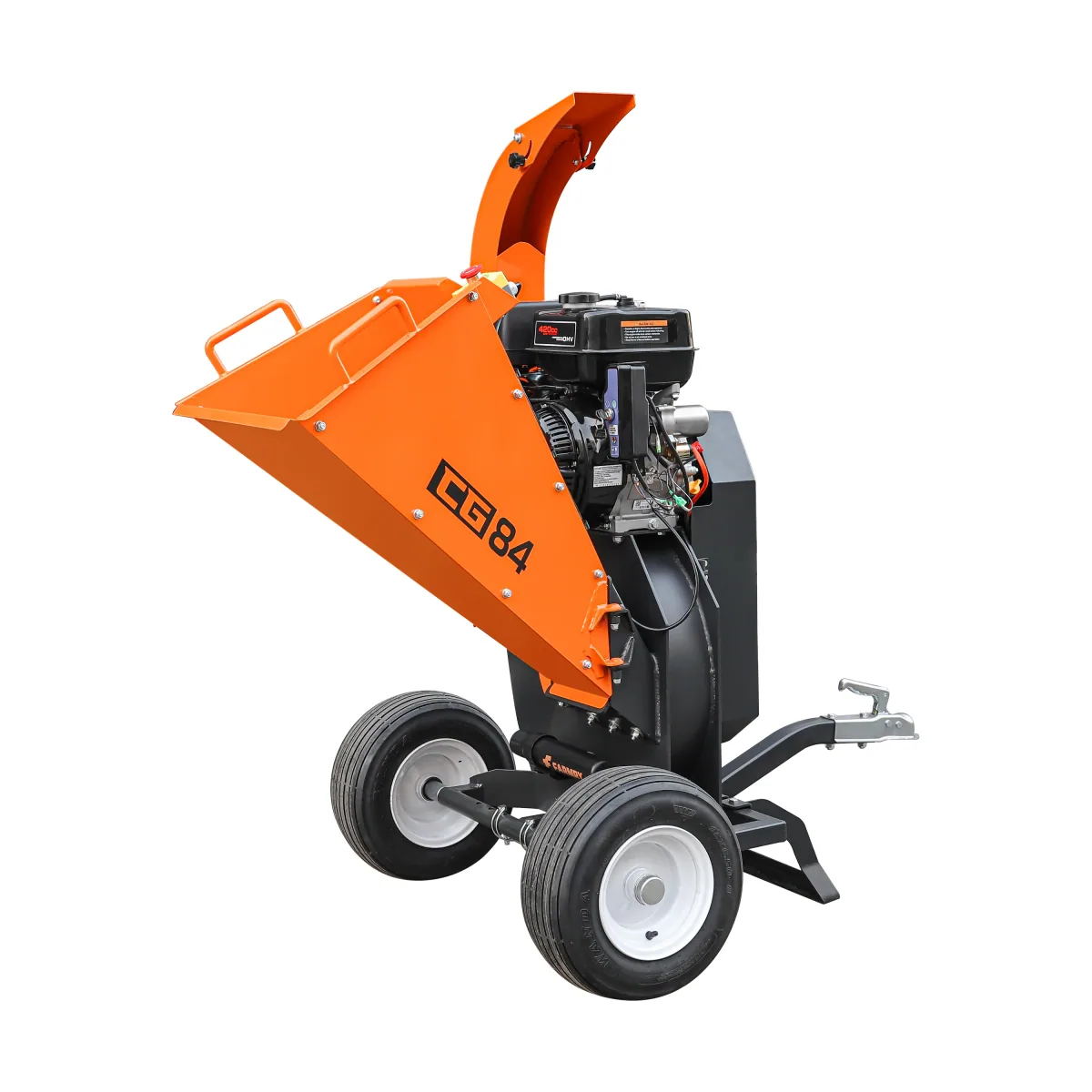 Farmry CG84 4-inch gas woodchipper with 420cc engine, pneumatic wheels, and tow bar