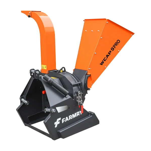 Farmry CP85 5-inch PTO woodchipper with WCAP5 PRO branding on the orange infeed hopper