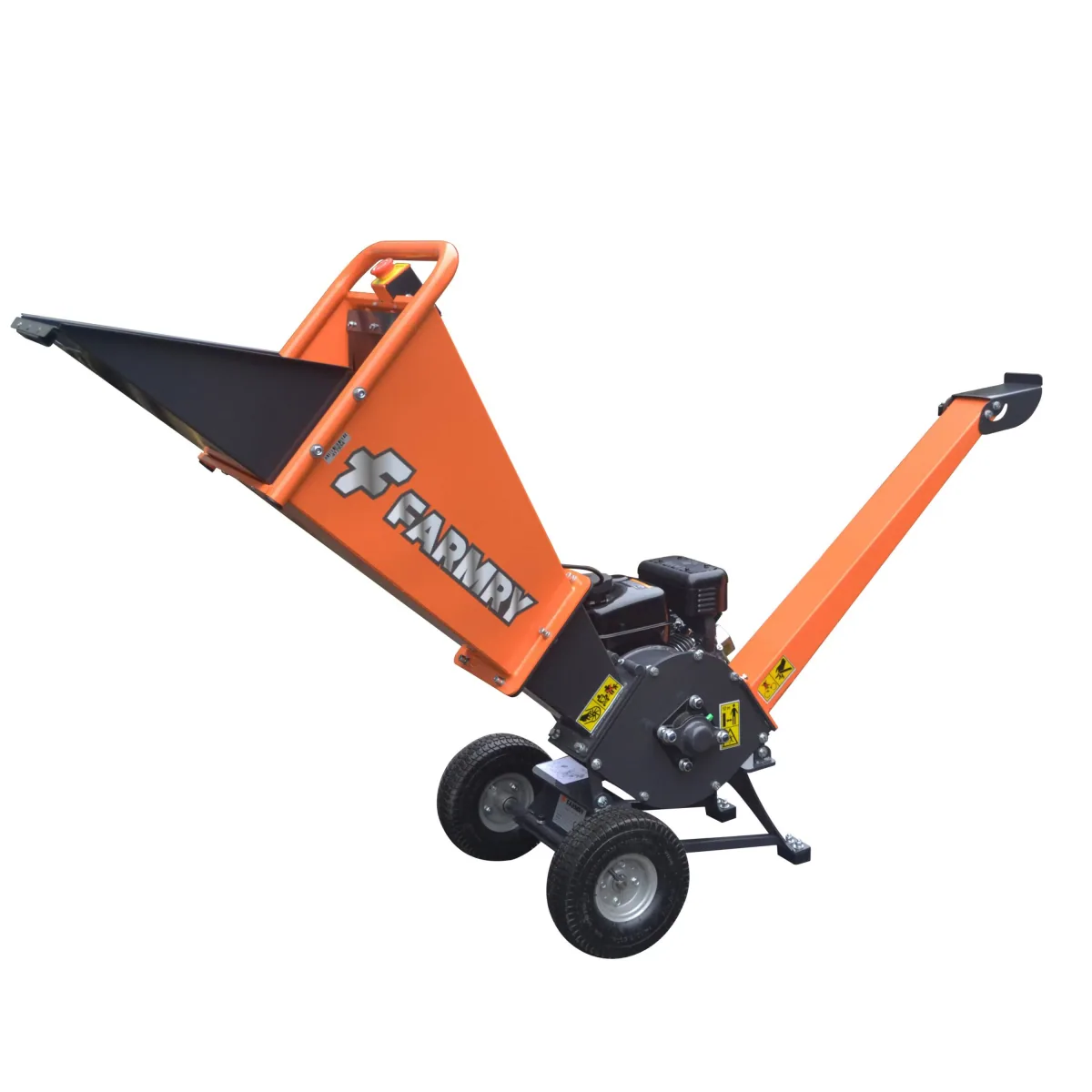 Farmry GS65S 2-inch gas woodchipper with angled infeed hopper, RATO engine, and tow bar fitted