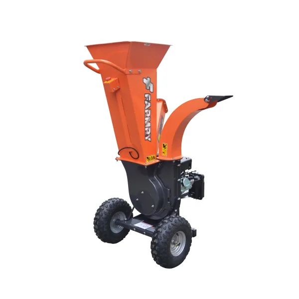 Farmry GS65V 2-inch gas woodchipper with tall triple-inlet hopper and knobbly tyres