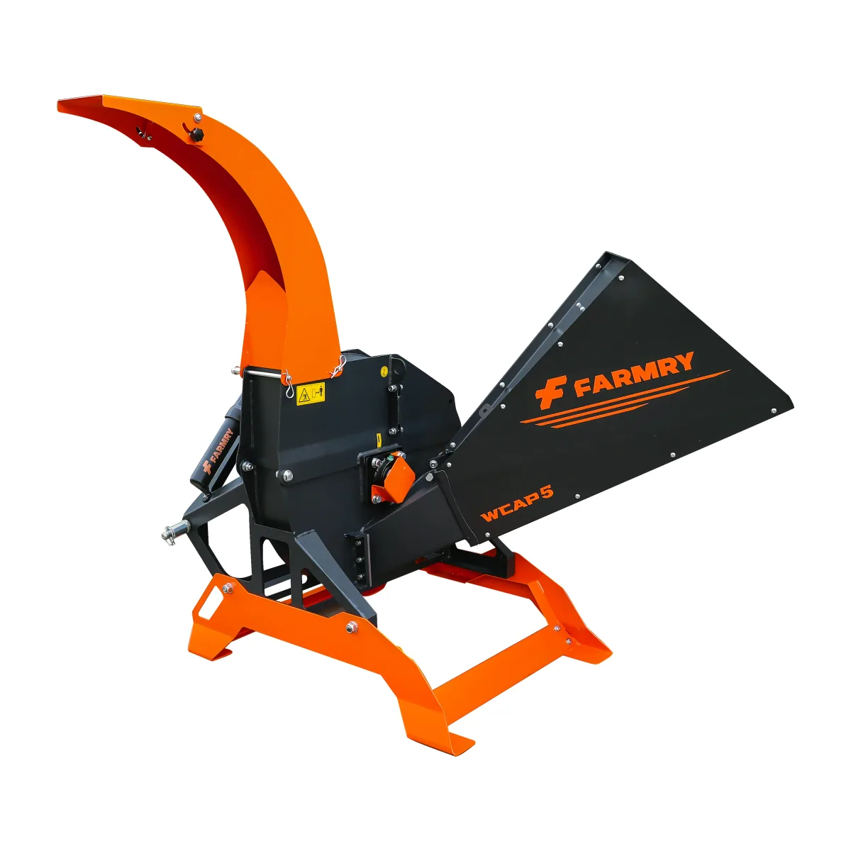 Farmry WCAP5 5-inch PTO woodchipper, orange and black, on its transport stand with the model name on the discharge chute