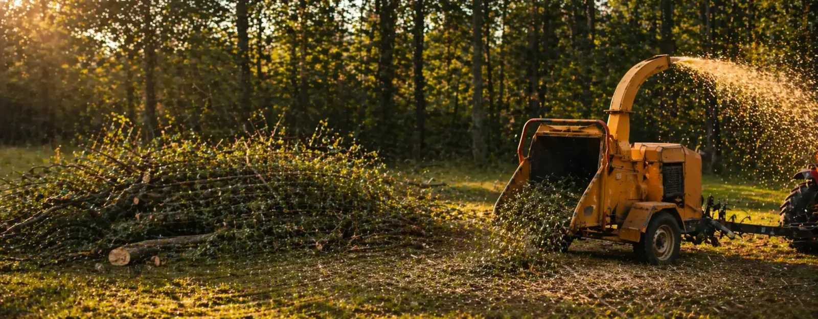 Woodchipper in action at golden hour — wood chips flying from discharge chute on a wooded property